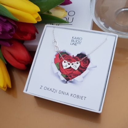 Srebrny naszyjnik - 2 personalizowane serca celebrytki i nieskończoność