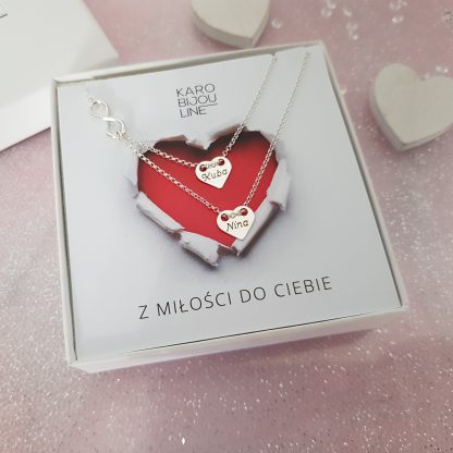 Srebrny, podwójny naszyjnik - 2 personalizowane serca i nieskończoność