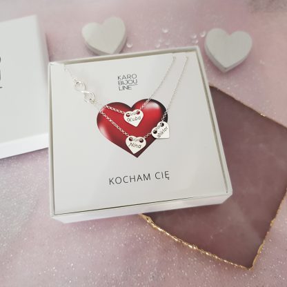 Srebrny, podwójny naszyjnik - 3 personalizowane serca i nieskończoność - obrazek 3