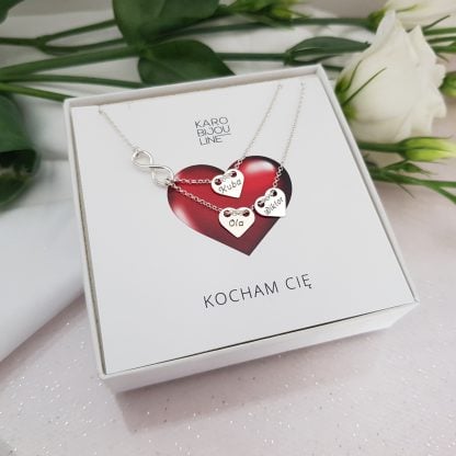 Srebrny, podwójny naszyjnik - 3 personalizowane serca i nieskończoność
