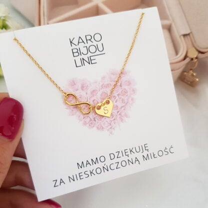 Pozłacany naszyjnik z personalizowanym sercem i nieskończonością