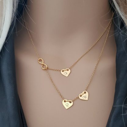 Pozłacany, podwójny naszyjnik z 3 personalizowanymi sercami - symbol nieskończonej miłości - obrazek 2