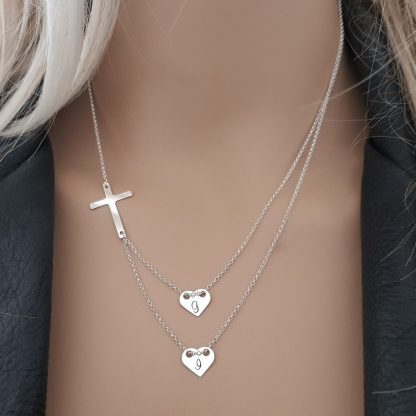 Srebrny, podwójny naszyjnik - 2 personalizowane serca i krzyżyk