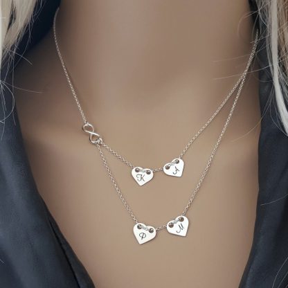 Srebrny, podwójny naszyjnik - 4 personalizowane serca i nieskończoność - obrazek 2
