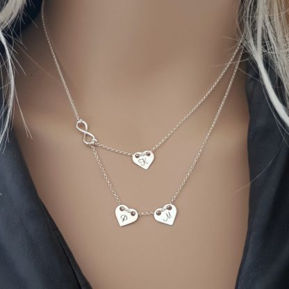 Srebrny, podwójny naszyjnik - 3 personalizowane serca i nieskończoność - obrazek 2