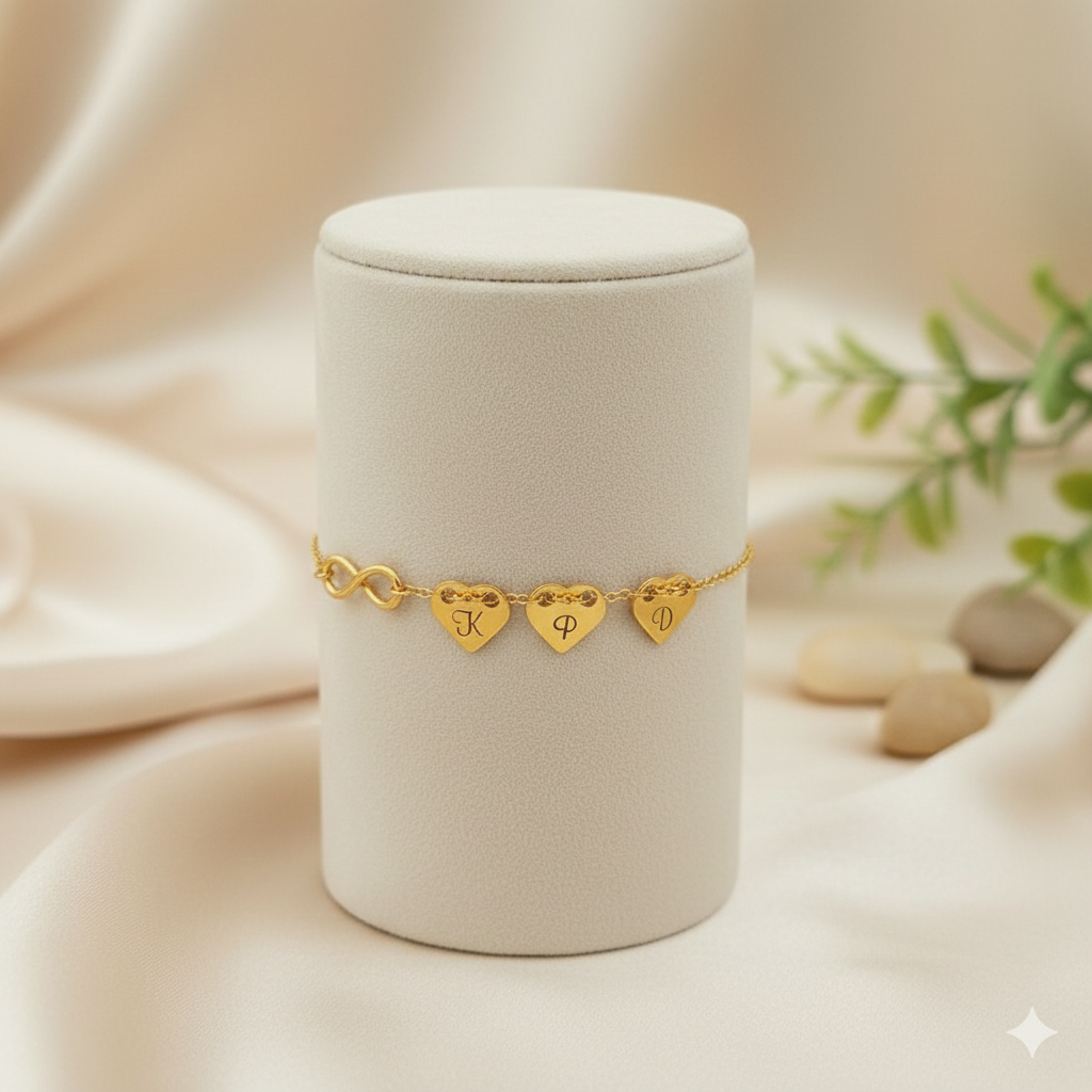 Bransoletka na łańcuszku– 3 pozłacane grawerowane serca i nieskończoność