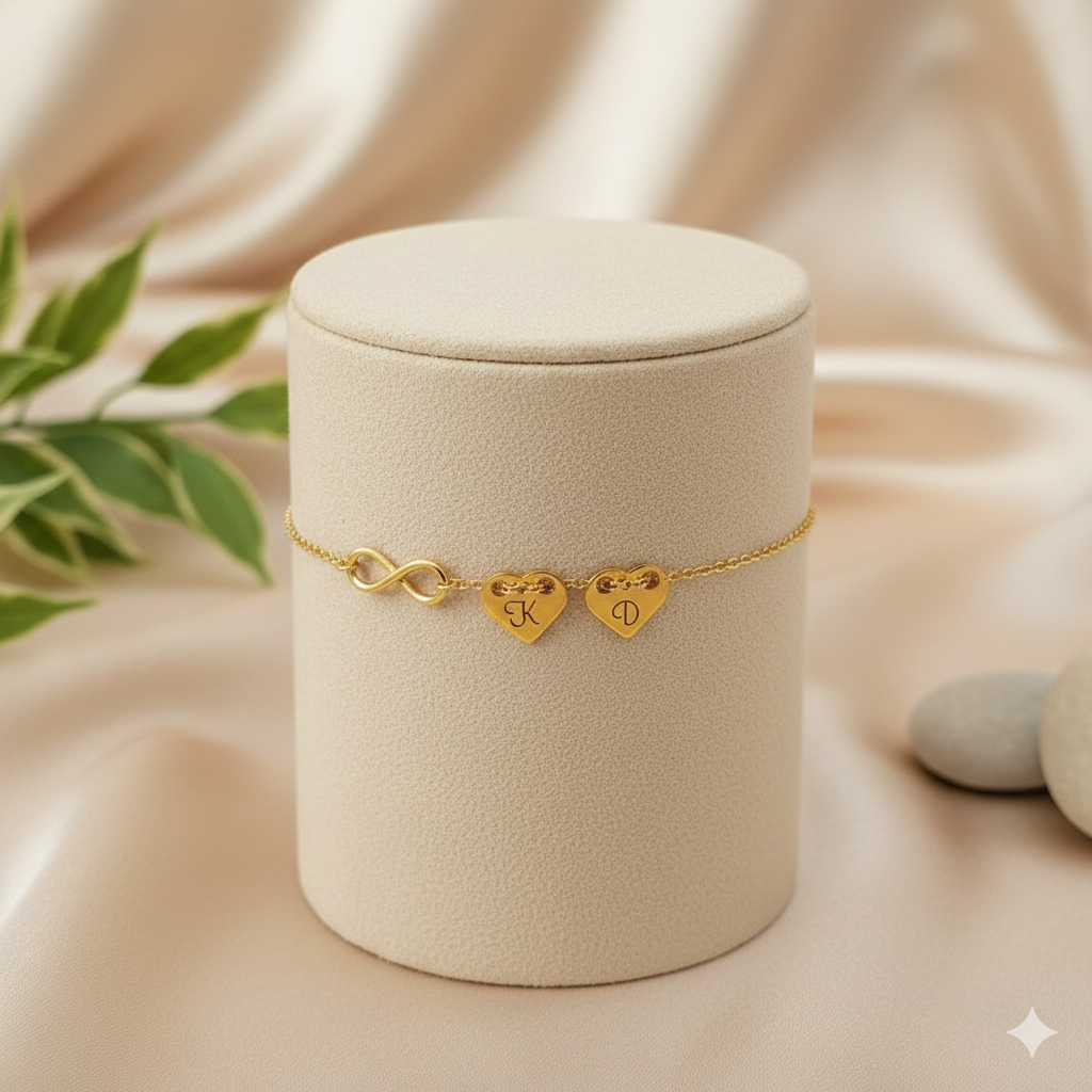 Bransoletka na łańcuszku – 2 pozłacane serca z grawerem i nieskończoność - obrazek 2