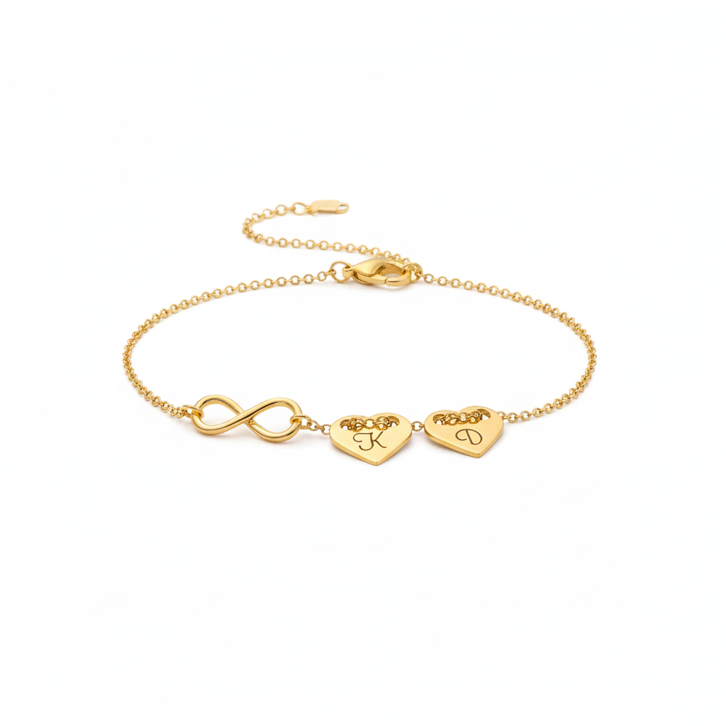 Bransoletka na łańcuszku – 2 pozłacane serca z grawerem i nieskończoność - obrazek 3