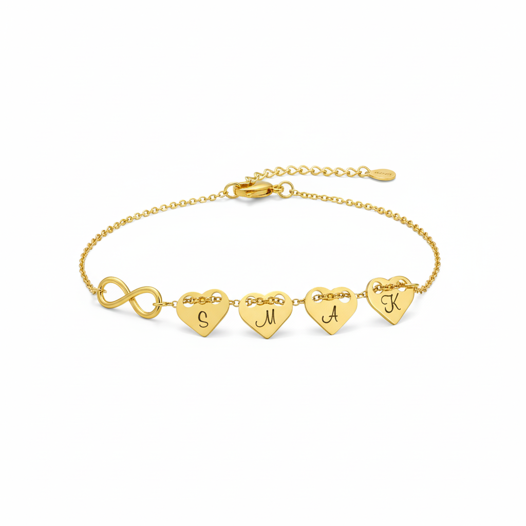 Bransoletka – 4 pozłacane serca z grawerem i nieskończoność na łańcuszku - obrazek 2