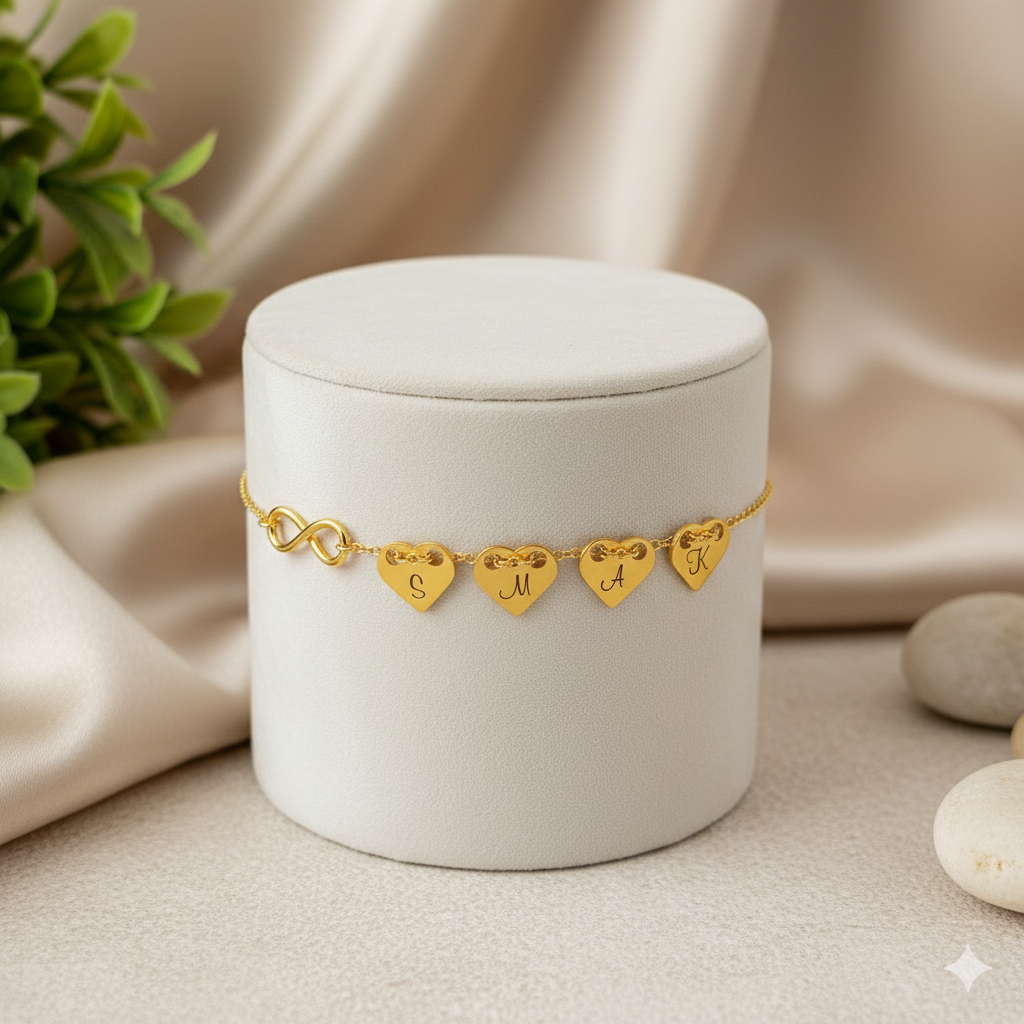 Bransoletka – 4 pozłacane serca z grawerem i nieskończoność na łańcuszku