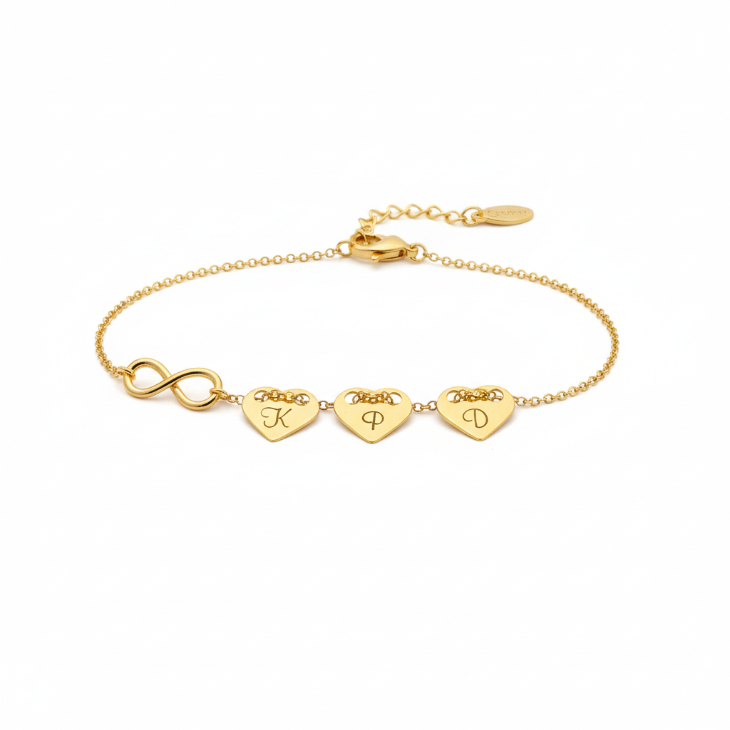 Bransoletka na łańcuszku– 3 pozłacane grawerowane serca i nieskończoność - obrazek 3