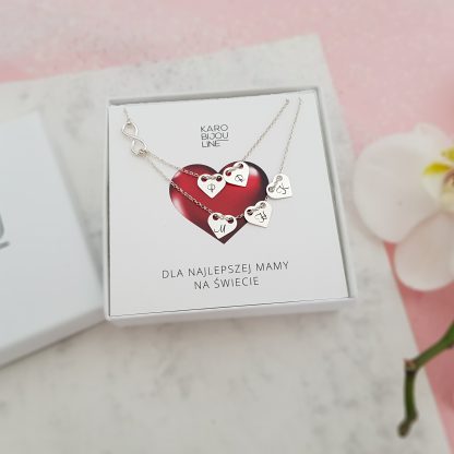 Srebrny, podwójny naszyjnik z 5 personalizowanymi sercami - symbol nieskończonej miłości