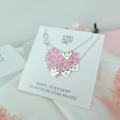 Srebrny, podwójny naszyjnik z 4 personalizowanymi sercami - symbol nieskończonej miłości - obrazek 2