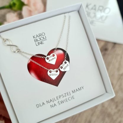 Srebrny, podwójny naszyjnik z 3 personalizowanymi sercami - symbol nieskończonej miłości - obrazek 3