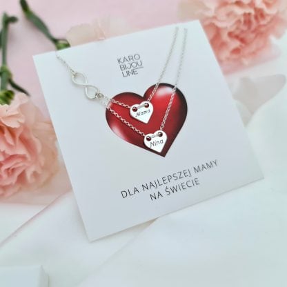 Srebrny, podwójny naszyjnik z 2 personalizowanymi sercami - symbol nieskończonej miłości