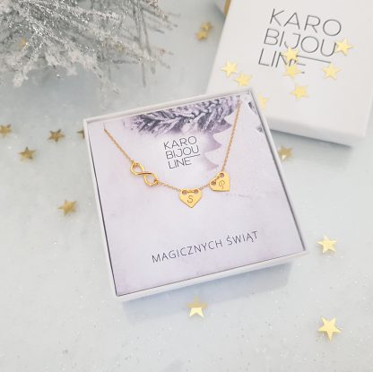Pozłacany naszyjnik - 2 personalizowane serca celebrytki i nieskończoność