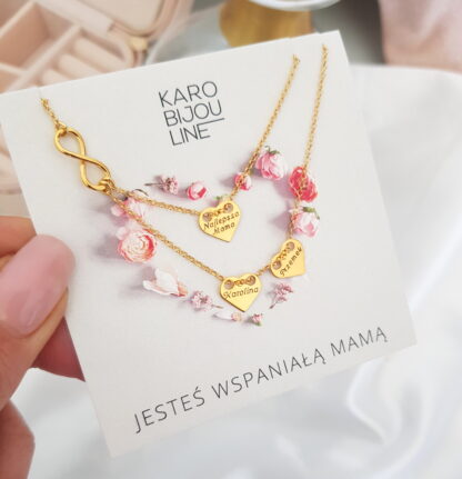 Pozłacany, podwójny naszyjnik z 3 personalizowanymi sercami - symbol nieskończonej miłości
