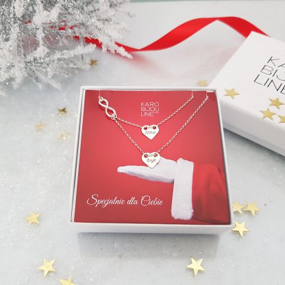 Srebrny, podwójny naszyjnik - 2 personalizowane serca i nieskończoność