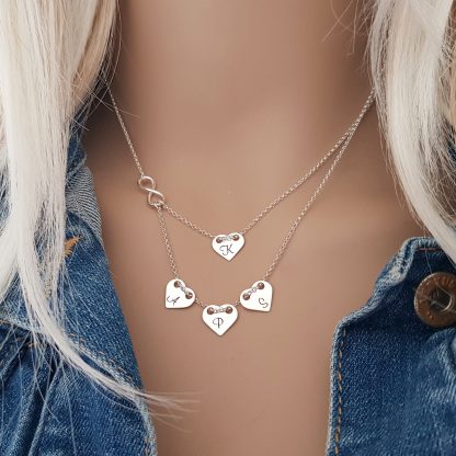 Srebrny, podwójny naszyjnik - 4 personalizowane serca i nieskończoność - obrazek 2