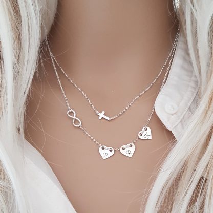 Srebrny, podwójny naszyjnik - 3 personalizowane serca, krzyżyk, nieskończoność - obrazek 2