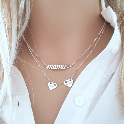 Srebrny, podwójny naszyjnik – 2 personalizowane serca i zawieszka MAMA