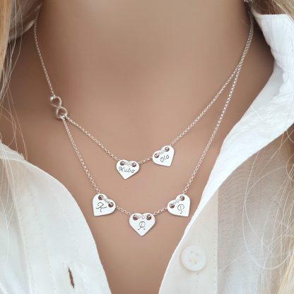 Srebrny, podwójny naszyjnik - 5 personalizowanych serc i nieskończoność