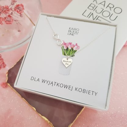 Srebrny naszyjnik z personalizowanym, wiszącym sercem i nieskończonością