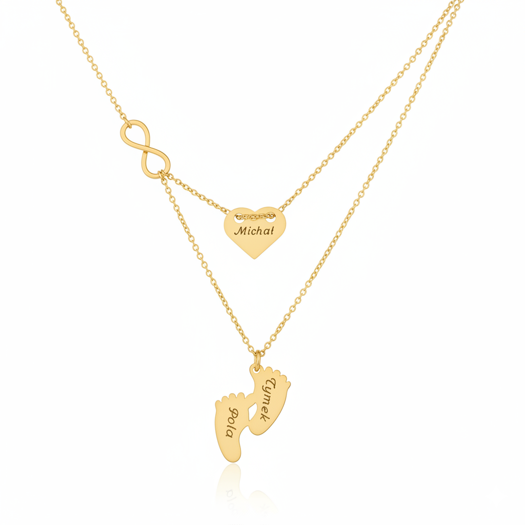 Pozłacany podwójny naszyjnik z grawerem – stópki i serce - obrazek 3