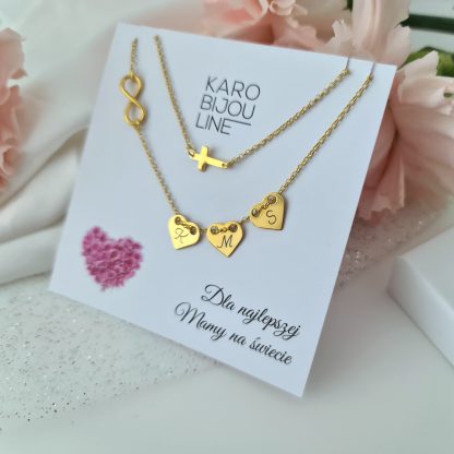 Pozłacany, podwójny naszyjnik – 3 personalizowane serca, krzyżyk, nieskończoność - obrazek 2