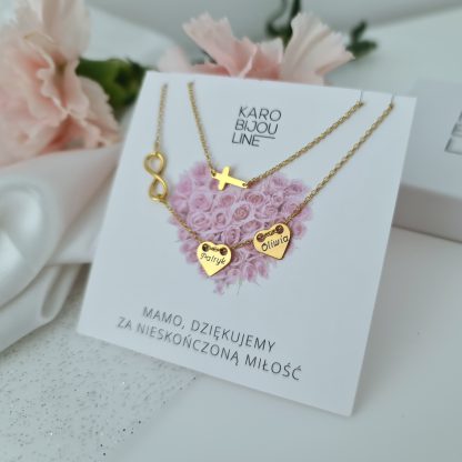 Pozłacany, podwójny naszyjnik – 2 personalizowane serca, krzyżyk, nieskończoność - obrazek 3