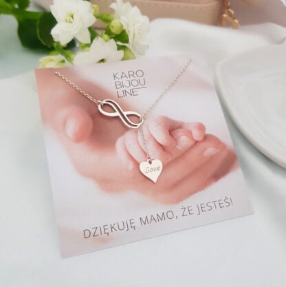 Srebrny naszyjnik - przeplecione personalizowane serce przez nieskończoność