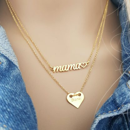 Pozłacany, podwójny naszyjnik – personalizowane serce i zawieszka MAMA