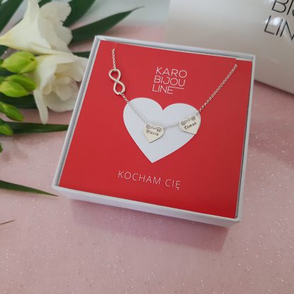 Srebrny naszyjnik - 2 personalizowane serca celebrytki i nieskończoność
