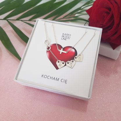 Srebrny, podwójny naszyjnik - 3 personalizowane serca, krzyżyk, nieskończoność