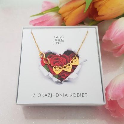 Pozłacany naszyjnik z 3 personalizowanymi sercami - symbol nieskończonej miłości