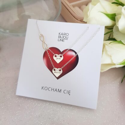 Srebrny, podwójny naszyjnik - 2 personalizowane serca i nieskończoność