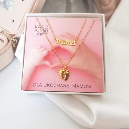 Pozłacany naszyjnik - podwójny naszyjnik – napis MAMA i stópki - obrazek 2