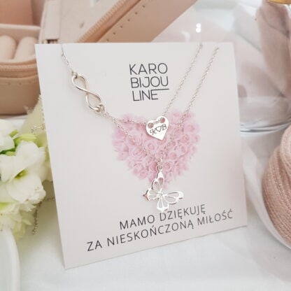 Srebrny, podwójny naszyjnik – serce z grawerem, motyl i nieskończoność
