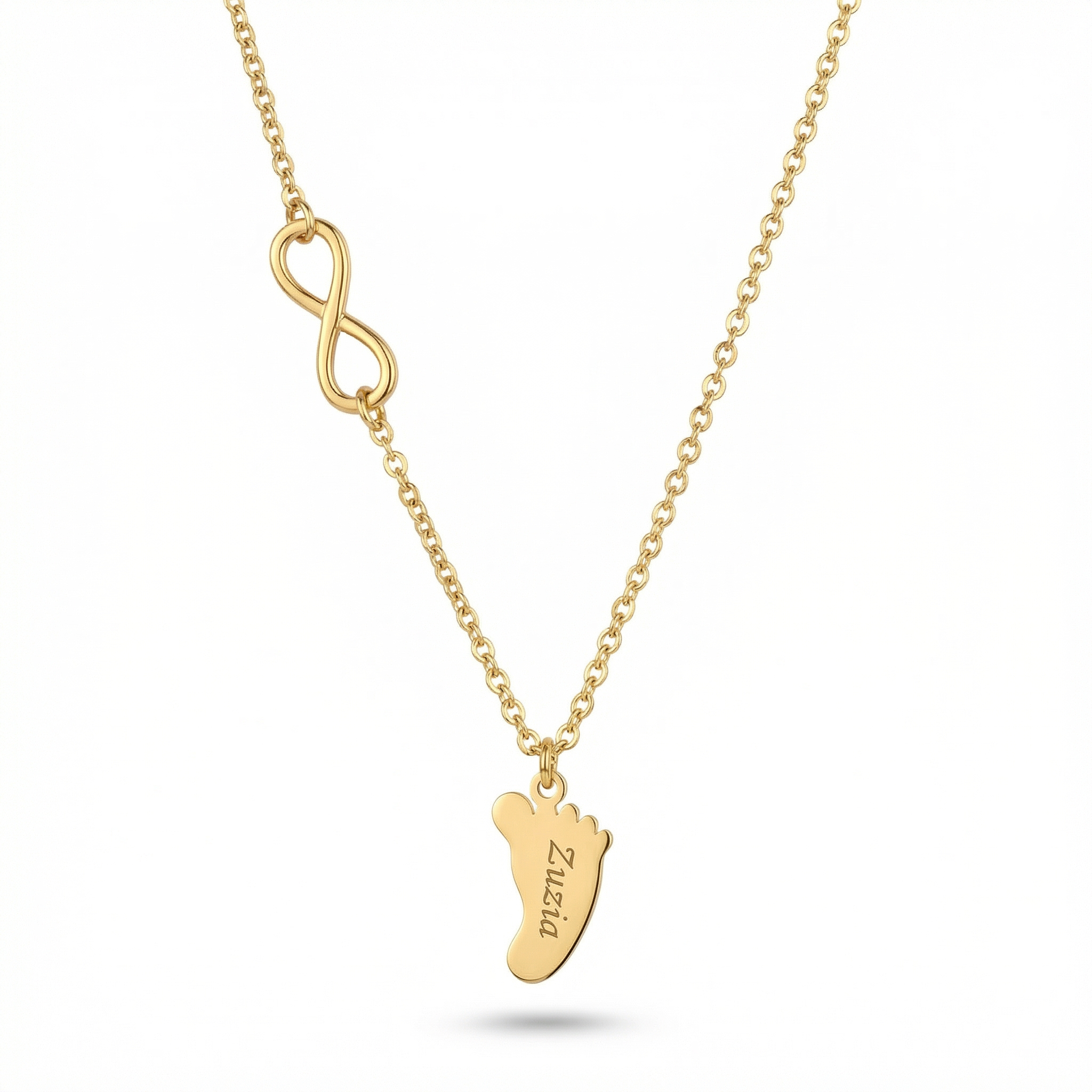 Pozłacany naszyjnik z grawerowaną stópką i symbolem nieskończoności – personalizowany prezent