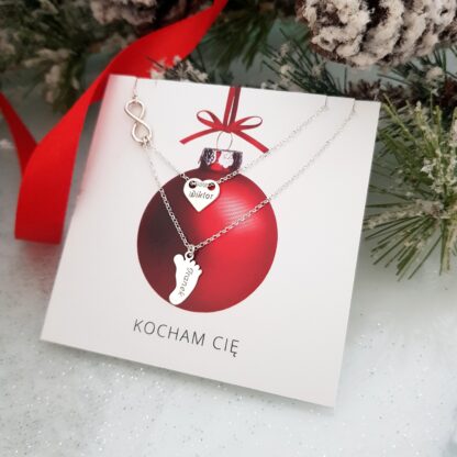 Srebrny, podwójny naszyjnik - nieskończoność, personalizowana stópka i serce