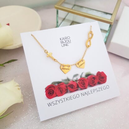 Pozłacany naszyjnik - 2 personalizowane serca, krzyż i nieskończoność