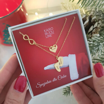 Pozłacany, podwójny naszyjnik - nieskończoność, personalizowane stópki i serce