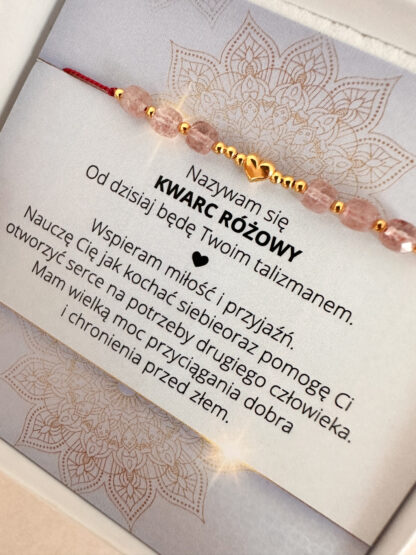 Bransoletka na sznurku - "MIŁOŚĆ" - KWARC RÓŻOWY i serce - obrazek 3