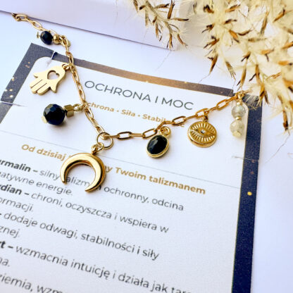 Naszyjnik ochronny z naturalnych kamieni i zawieszkami oko proroka, hamsa, lunula - obrazek 2