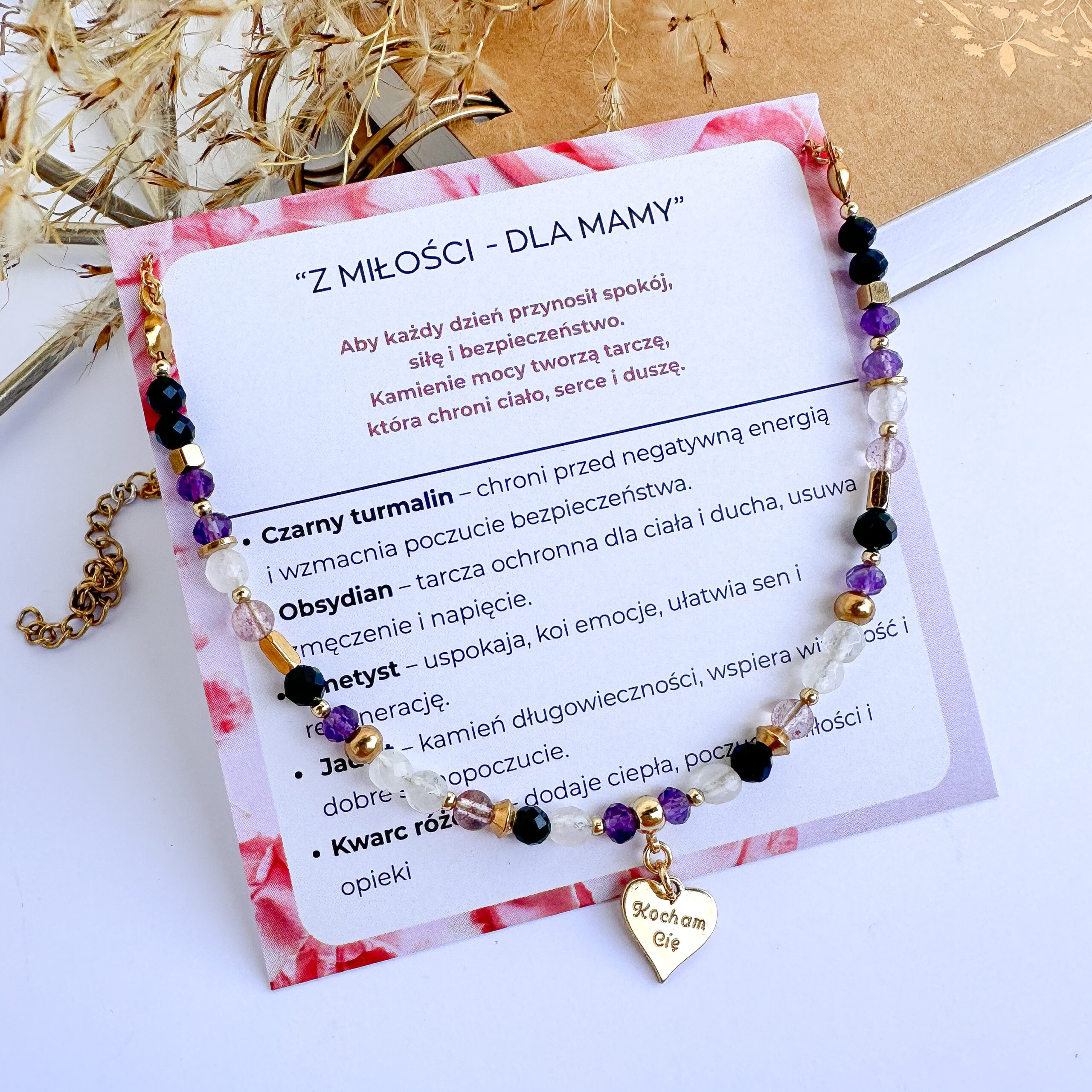 MAMA 💝 Naszyjnik z kamieniami, z GRAWEREM "Z miłości do Mamy" - obrazek 2