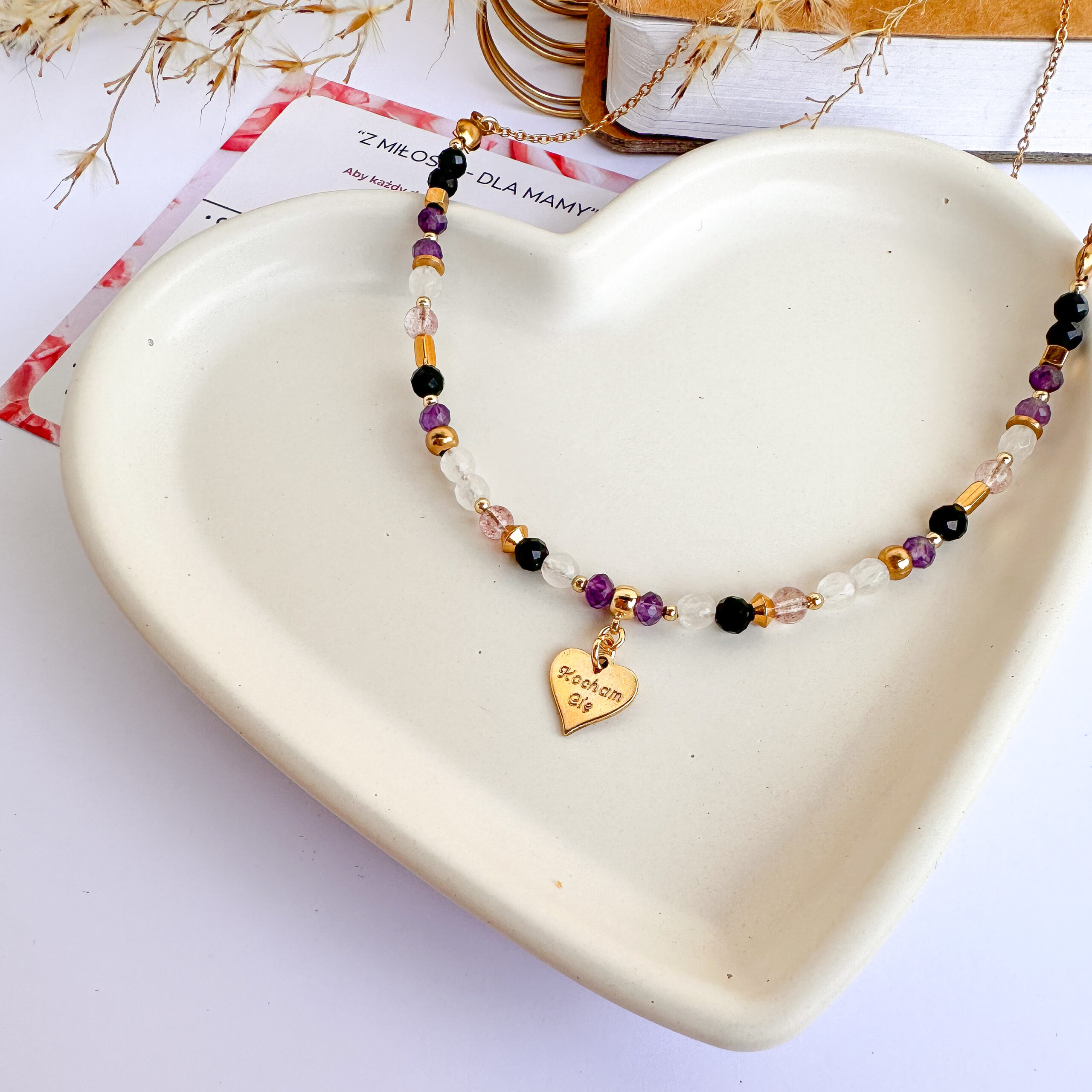MAMA 💝 Naszyjnik z kamieniami, z GRAWEREM "Z miłości do Mamy"