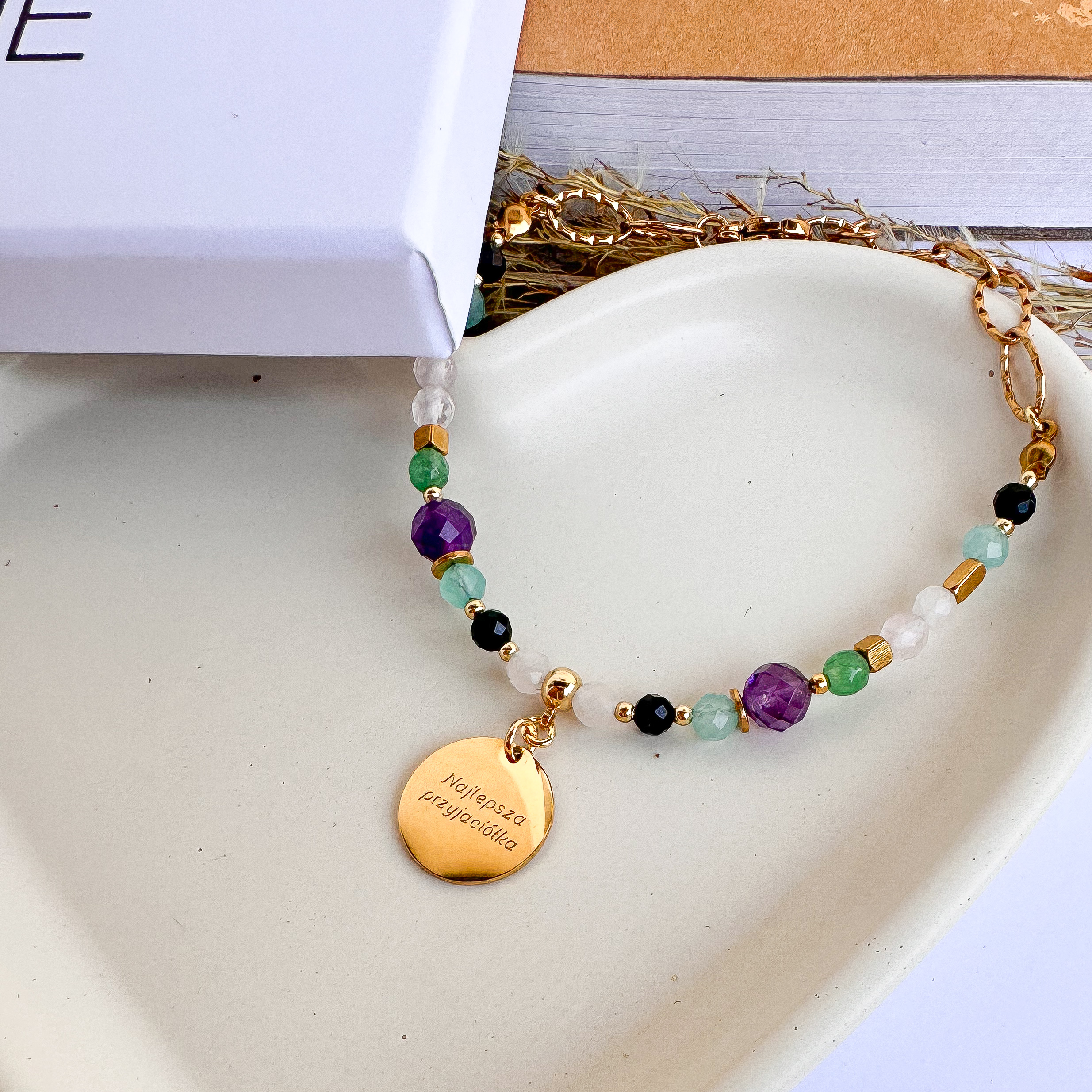 PRZYJACIÓŁKA 💝 Bransoletka z kamieniami, na łańcuszku z GRAWEREM