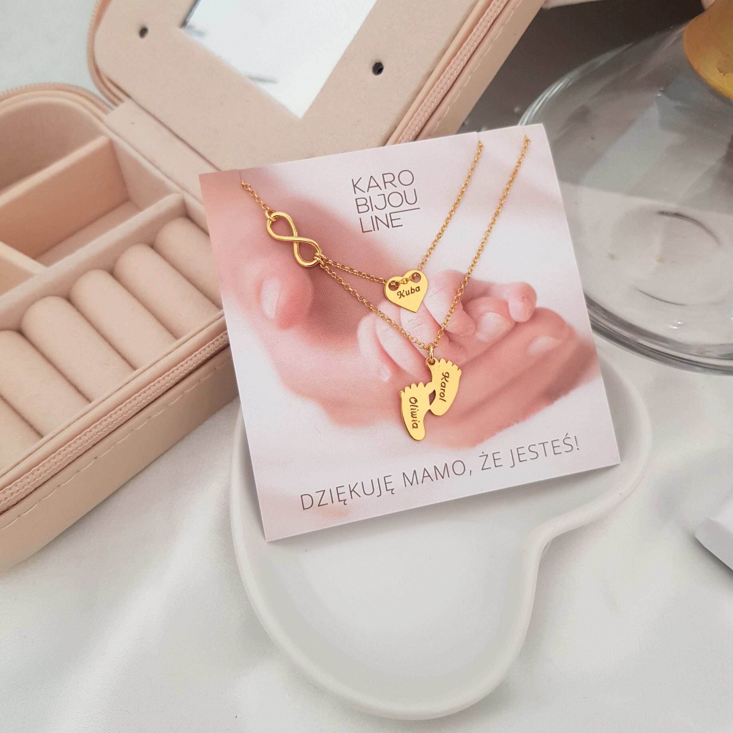 Pozłacany, podwójny naszyjnik - grawerowane stópki i serce- prezent pod choinkę