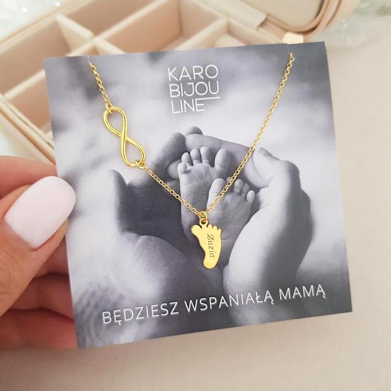 Pozłacany naszyjnik - grawerowana stópka i symbol nieskończoności- prezent pod choinkę