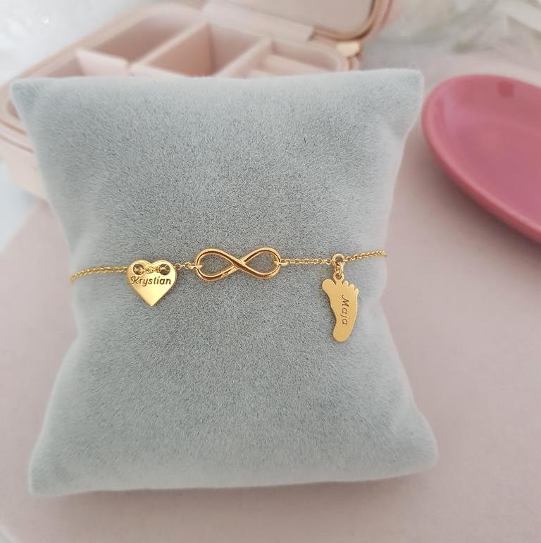 Pozłacana bransoletka z grawerem– serce, nieskończoność i stópka- prezent pod choinkę